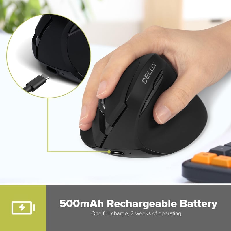 DeLUX M618MINI Ergonomikus Vezeték Nélküli Egér - Újratölthető Vertikális Egér Kis Kezekhez, 6 Gomb, 4000 DPI, Bluetooth 5.2/2.4G Kettős Mód