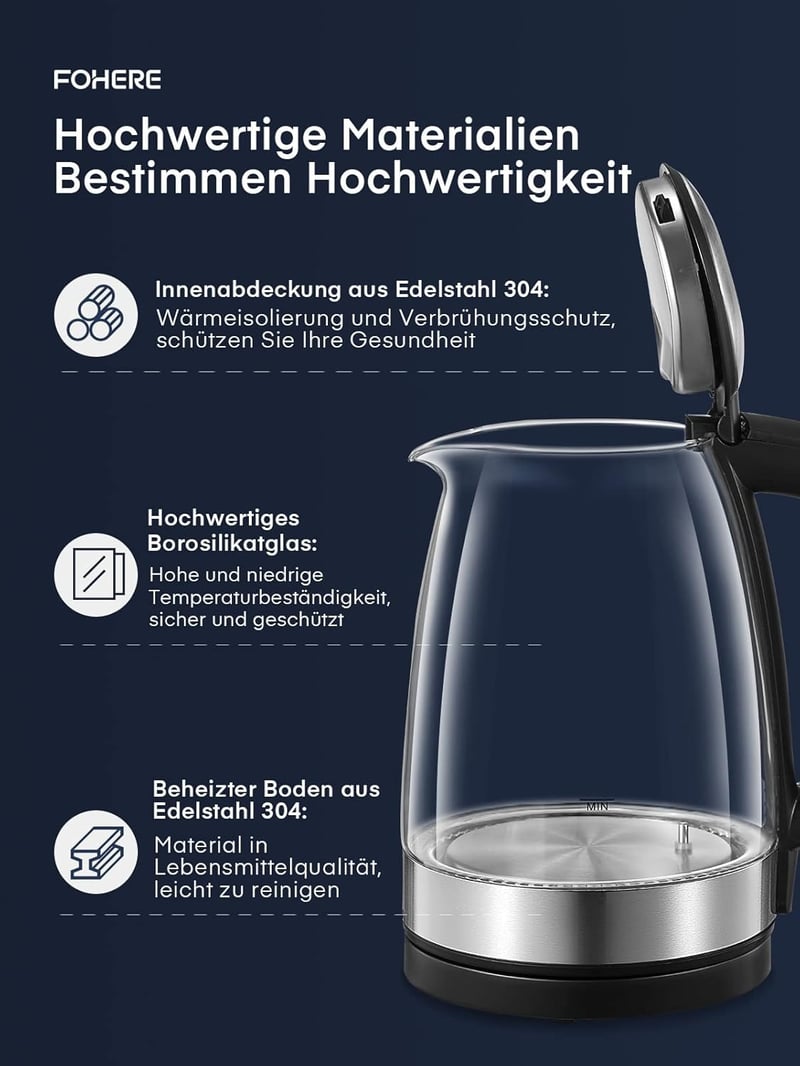 FOHERE üveg vízforraló 5 hőfokbeállítással, LED-del, melegen tartó funkcióval, 1.7L