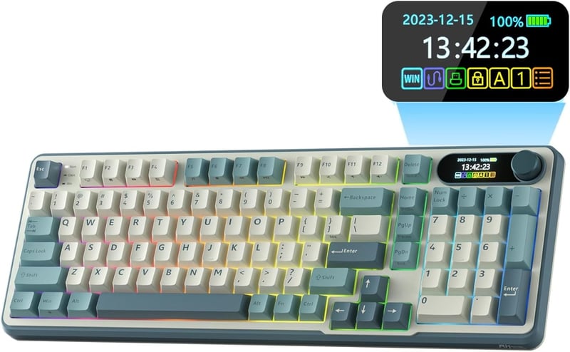 RK ROYAL KLUDGE S98 Mechanikus Billentyűzet Okos Kijelzővel, 96% Vezeték Nélküli, Bluetooth/2.4G/USB-C, Hot-Swap, 98 Gombos, Égkék - Linearer Creme Schalter, sky blue