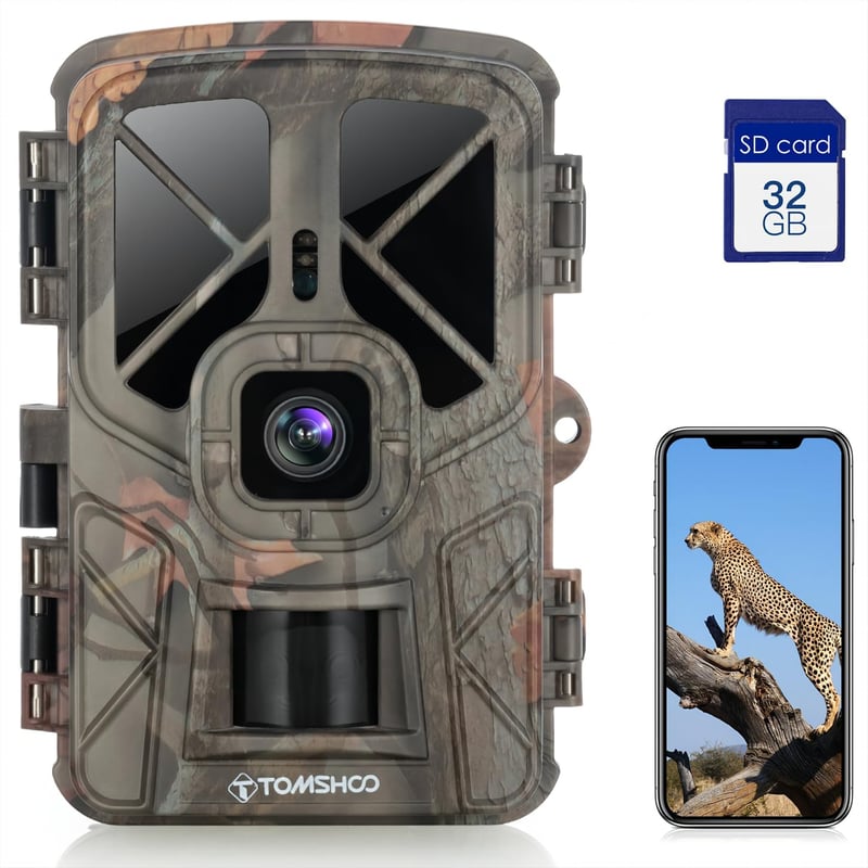 TOMSHOO 36MP 4K WiFi vadkamera, 120° érzékelő, éjjellátó, vízálló, 32GB SD kártyával