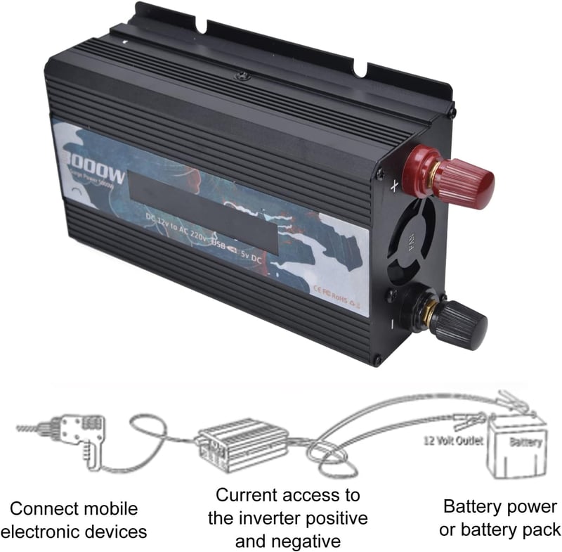 Reiner 3000W szinuszos inverter, 12V-220V, alumínium, kijelzővel - Fekete