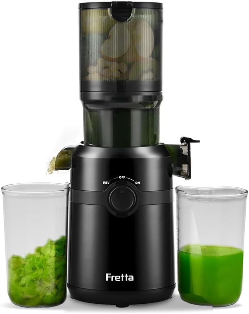 Fretta Slow Juicer 200W - Fekete gyümölcsprés 108mm-es adagolónyílással, egész gyümölcsökhöz, BPA-mentes Tritan anyagból, könnyen tisztíthat