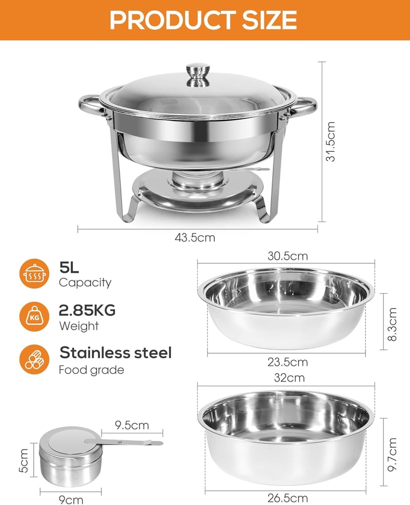 WENMILY Rozsdamentes Acél Ételmelegítő Szett 5L - 2 db Kerek Ezüst Chafing Dish Tálalóedény Gördülő Élekkel - Partikra, Büfékre, Rendezvénye