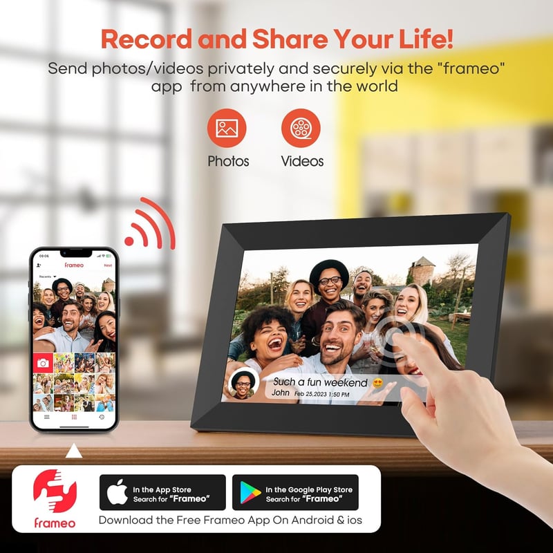 BIGASUO Frameo 10.1" WiFi Digitális Képkeret - HD IPS Érintőképernyő, 32GB Memória, Automatikus Forgatás, Fali Rögzítés, Azonnali Fotómegosz