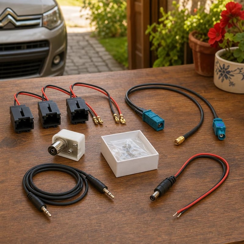 Hifibekötő mentőcsomag: 4 db hangszóróadapter + Fakra–SMB antenna + antennaaljzat + AUX + 2 db DC-kábel