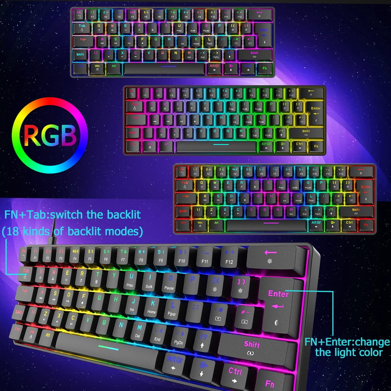 Kompakt 60% RGB Gamer Billentyűzet, Kék Kapcsolós, 62 Gombos, USB-C, Kék