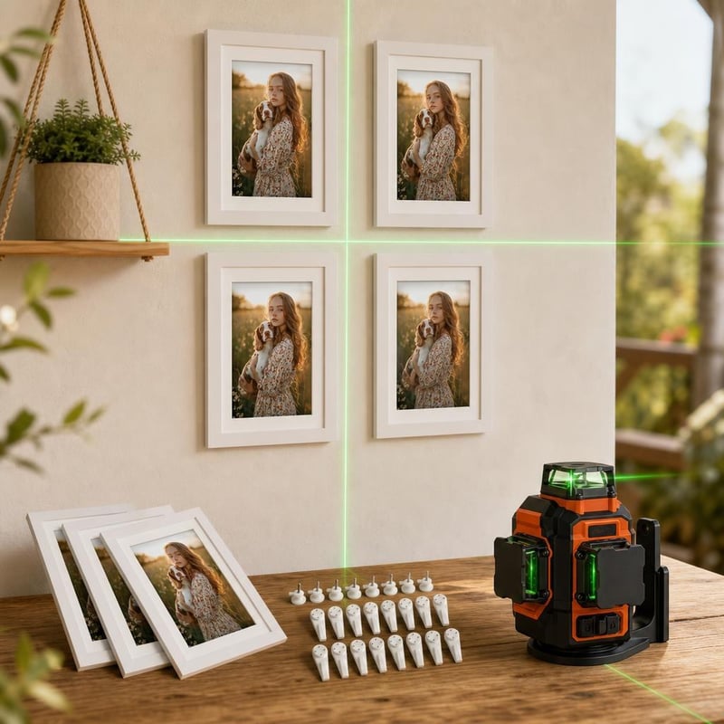 Sada na galériu na stenu: 4x rám na fotky + 25x samolepiaci háčik + laserová vodováha