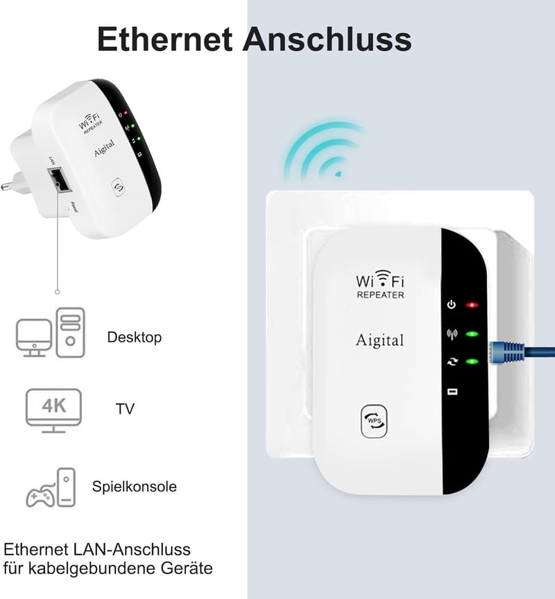 aigolink WiFi Jelerősítő 300 Mbps - Fehér Vezeték Nélküli Repeater Ethernet Porttal, WPS Gombbal, AP Móddal, Kompakt Dizájnnal és Kikapcsolh