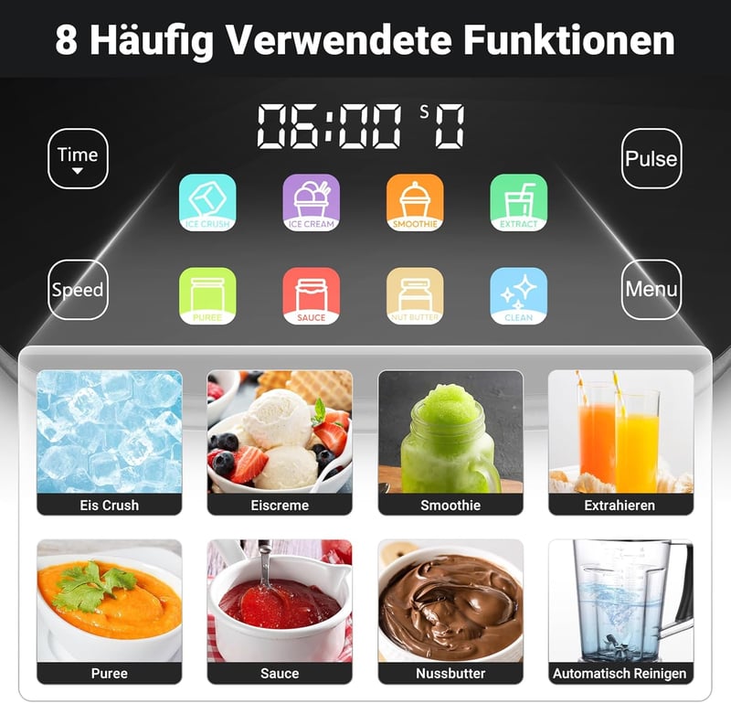 AMZCHEF 8 az 1-ben Multifunkciós Turmixgép 2000W | LCD Érintőképernyős Konyhai Mixer 2L Tartállyal | 8 Intelligens Program és 10 Sebességfok
