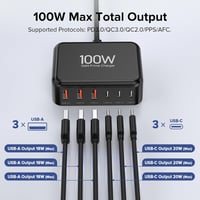 Zomvan 100W USB-C Gyorstöltő 6 Portos Töltőállomás - 3 USB-C és 3 USB-A Port iPhone 16/15/14, Samsung S24/S23, iPad Kompatibilis Fekete Tölt 5