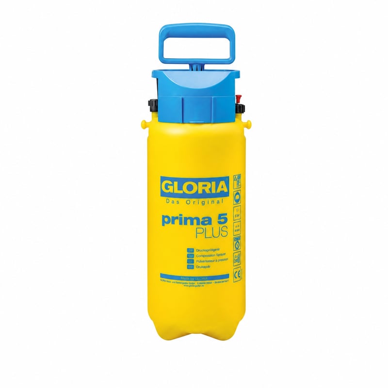 Rezervor pentru pulverizator sub presiune Gloria Prima 5 PLUS, 5 litri, galben-albastru, rezistent la acizi — doar rezervorul, fără pulverizator (stare: vezi a 2-a imagine)