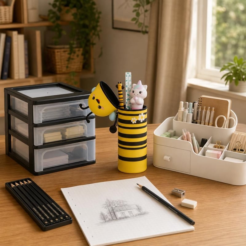 Set studiu Albinuța: penar + organizator 3 sertare + cutie compartimentată + 6 creioane + radieră + ascuțitoare