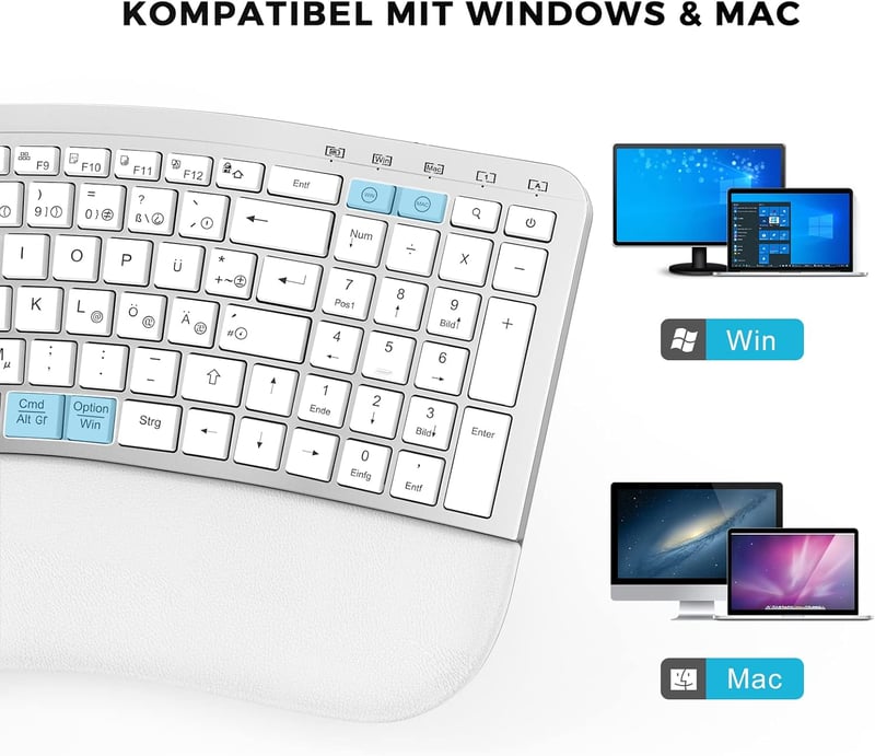Seenda ergonomikus vezeték nélküli billentyűzet, USB-s, tenyértámasszal, Mac és Windows kompatibilis, német kiosztás, fehér-ezüst