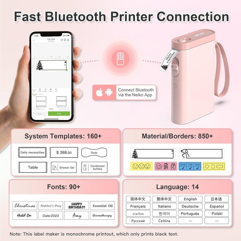 Nelko P21 rózsaszín Bluetooth címkenyomtató, hordozható öntapadós etikett készítő iOS/Android