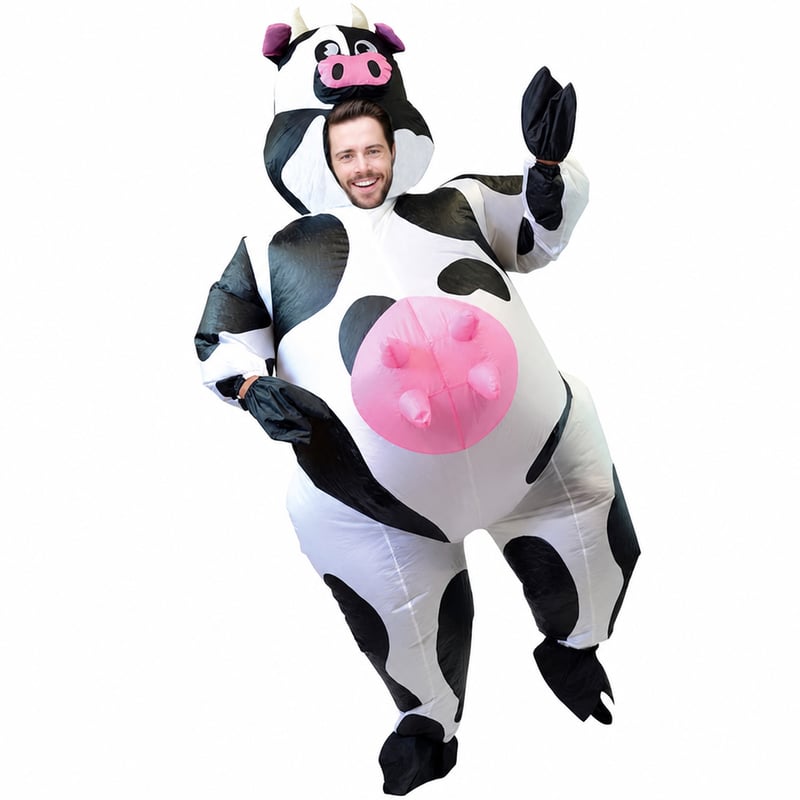 Costum de vacă gonflabilă Original Cup Crazy Cow — defect, funcționează parțial: sistemul de umflare se oprește ocazional (stare: vezi a doua fotografie)