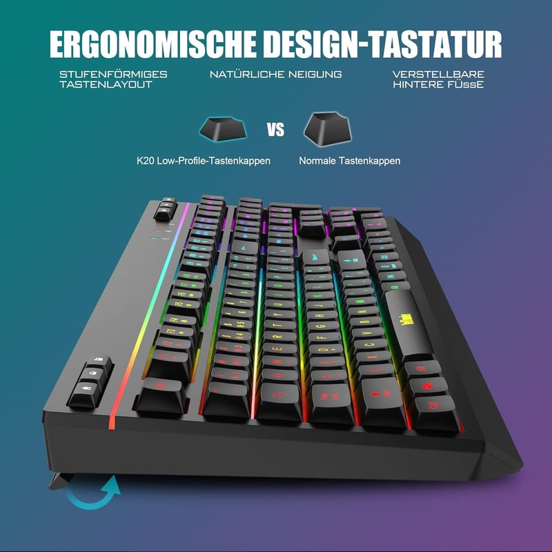 RedThunder K20 Vezeték Nélküli Gaming Billentyűzet és Egér Szett, RGB Háttérvilágítás, QWERTZ, 4800DPI, Újratölthető, PC/Mac Kompatibilis