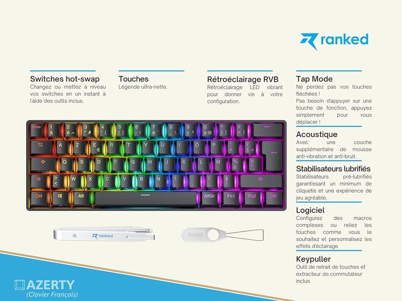 Ranked N60 Nova 60% Mechanikus Gamer Billentyűzet, Hot-swap Kapcsolók, 62 Programozható Gomb, RGB Háttérvilágítás, PC/Mac Kompatibilis, AZER