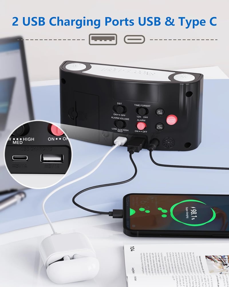 Mesqool Hangos Rezgő Ébresztőóra Ágyrázóval - Nagy Digitális Kijelző, Éjszakai Fény, 2 USB Töltő, Állítható Hangerő, Nagyothalló Felhasználó