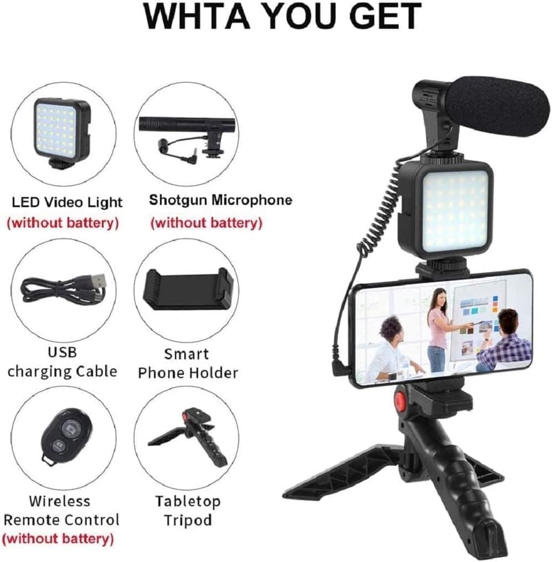 baihuo Vlog Készlet - Okostelefon Mikrofon LED Világítással és Állvánnyal - iPhone és Android Kompatibilis TikTok YouTube Videófelvételhez é