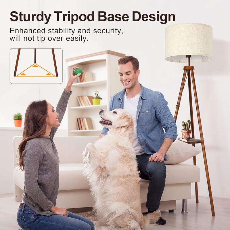 OUTON Fa Állólámpa Polccal - Távirányítós LED Tripod Lámpa 4 Színhőmérséklettel, Időzítővel, Bézs Lámpaernyővel Nappaliba, Hálószobába, Irod