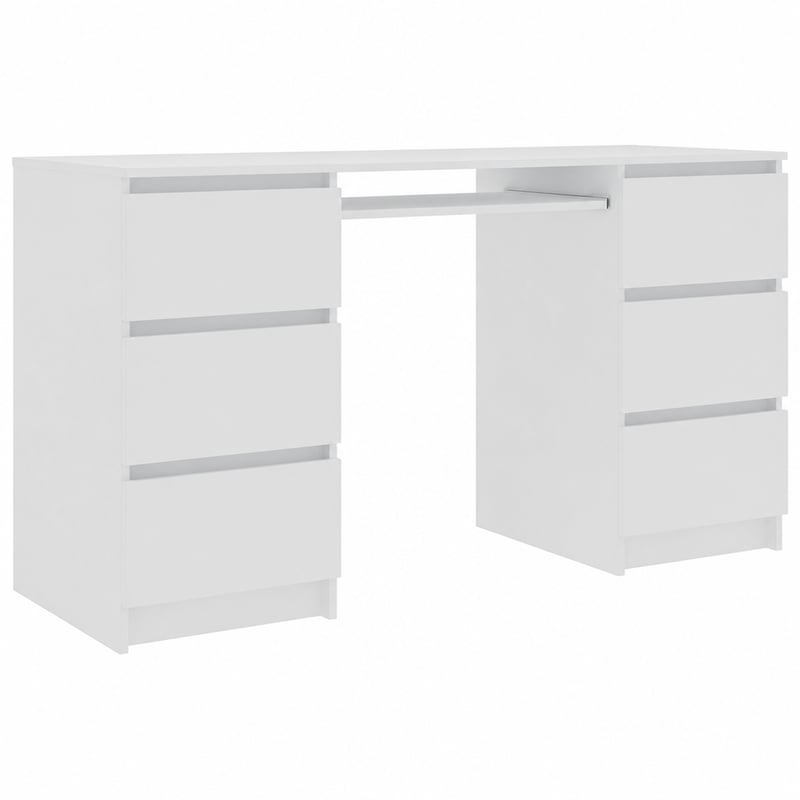 Birou vidaXL alb din lemn prelucrat, 140x50x77 cm, cu 6 sertare — defect, pentru piese: lipsește placa A2 (stare: vezi a 2-a imagine)