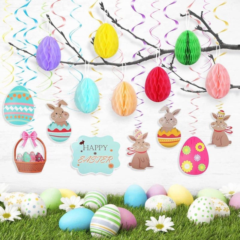 Húsvéti spirál dekoráció 24 db - Nyuszi és tojás mintás függő dísz