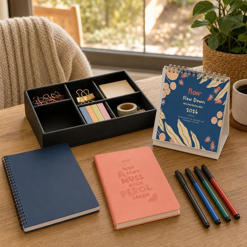 Set za organizaciju stola: A6 planer + stolni kalendar + A5 bilježnica + 4 finelinera + organizator