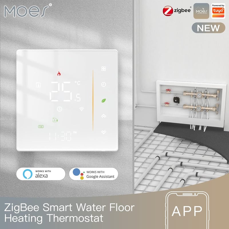 MOES Zigbee Okos Termosztát Vízalapú Padlófűtéshez - Programozható Digitális Szobai Hőszabályzó Alexa/Google Home Kompatibilis, Tuya App Vez