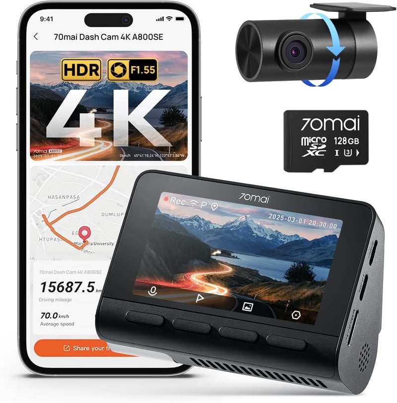 70mai A800SE 4K Autós Fedélzeti Kamera Elöl-Hátul 128GB SD Kartya Éjszakai Látás - With 128GB MicroSD Card