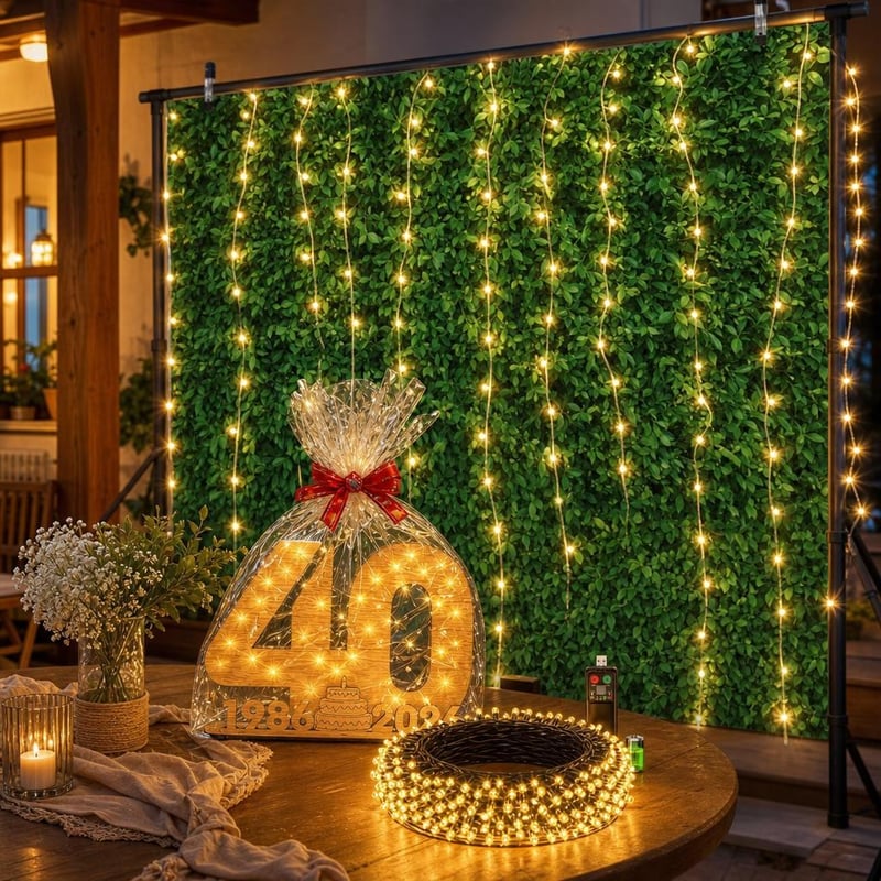 Set za 40. rođendan: drvena knjiga gostiju + foto pozadina + LED lampice 10 m