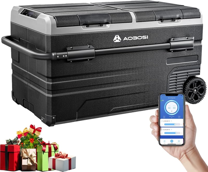 AAOBOSI 115L Kompresszoros Hűtőbox WiFi Vezérléssel - Autós Hűtőláda -20°C-ig, 12/24V és 100-240V Tápellátással, USB Csatlakozással Kempinge
