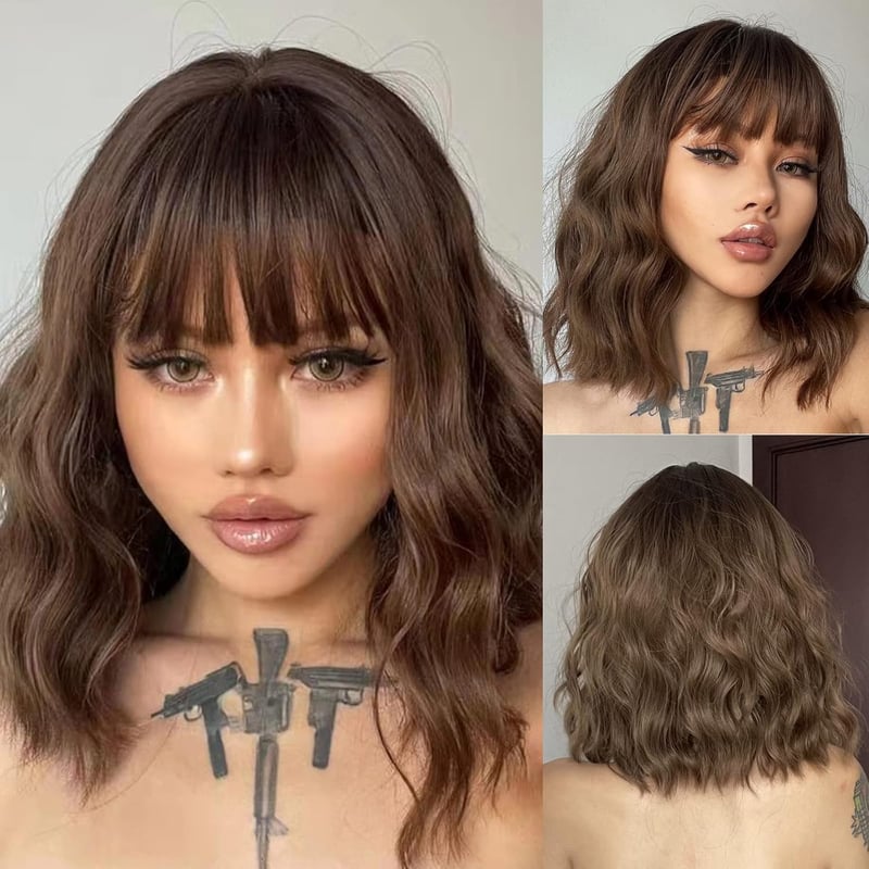 HAIRCUBE Rövid Bob Paróka Frufruval - Természetes Hatású Barna Műhaj, Hőálló Szintetikus Szálak, Napi Viseletre