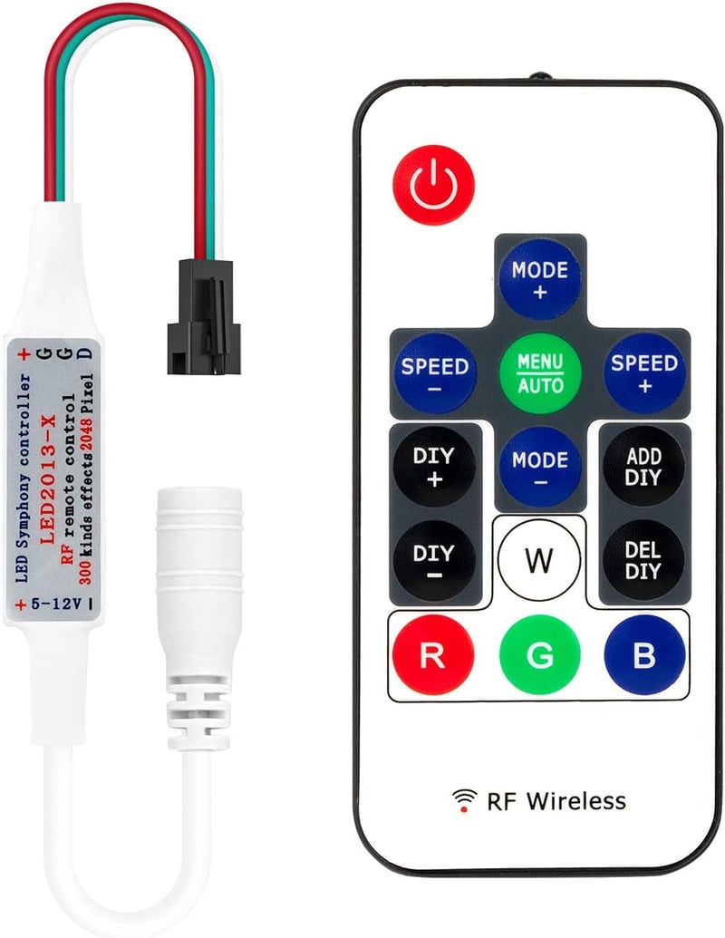BTF-LIGHTING 14 gombos vezeték nélküli RF LED RGB vezérlő, 300 féle világítási effekttel, WS2811/WS2812B LED szalagokhoz, DC5V/12V