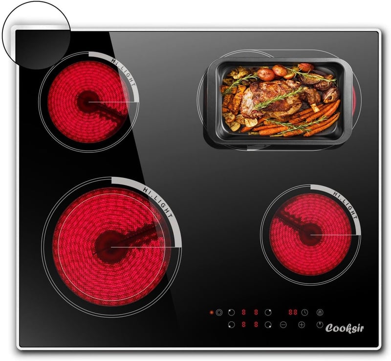Cooksir Beépíthető Üvegkerámia Főzőlap 59 cm - 4 Zónás, Ovális és Dupla Főzőfelülettel, 6700W, Gyerekzárral, Túlmelegedés Elleni Védelemmel - Set of 4 With Oval Zone