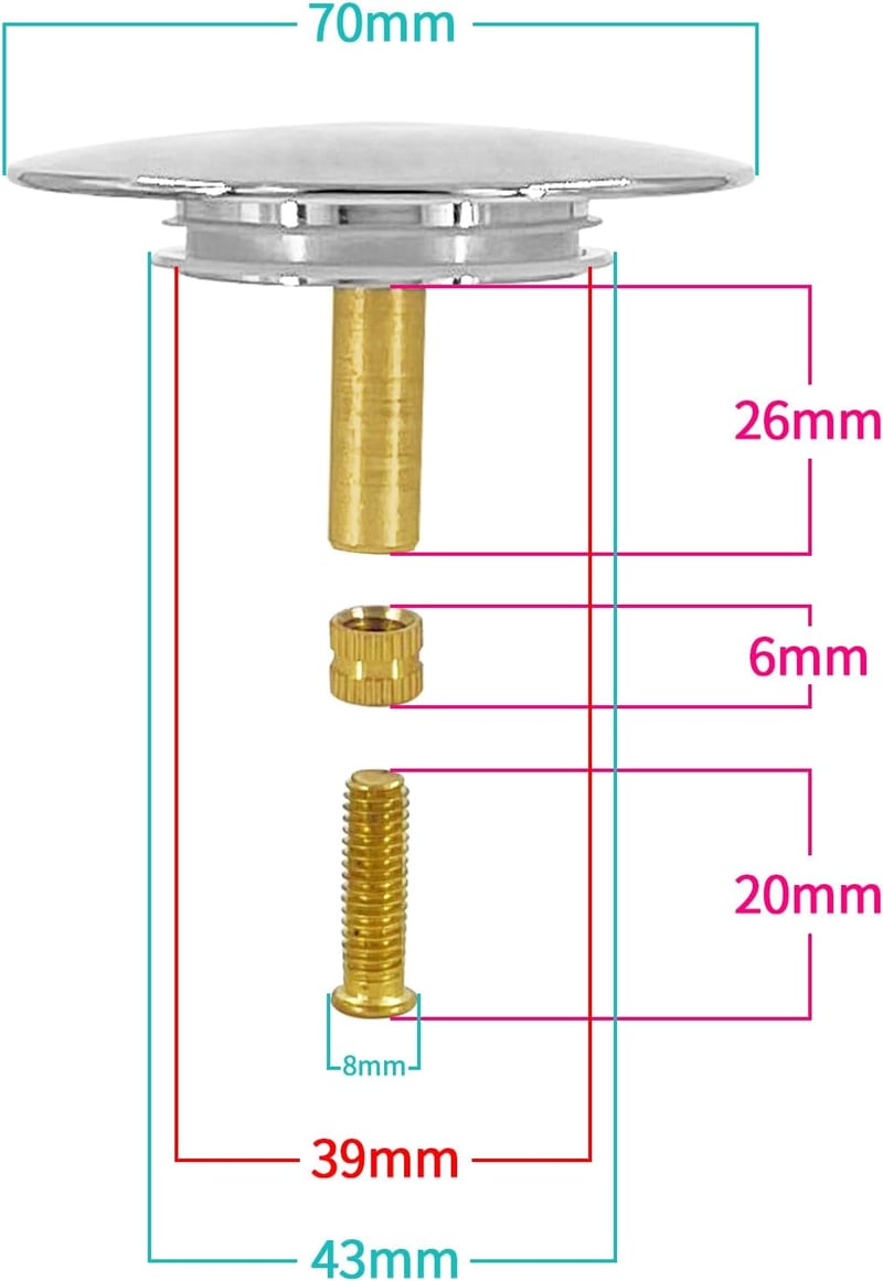 Univerzális sárgaréz fürdőkád dugó, 39-43mm, 8mm-es rúddal