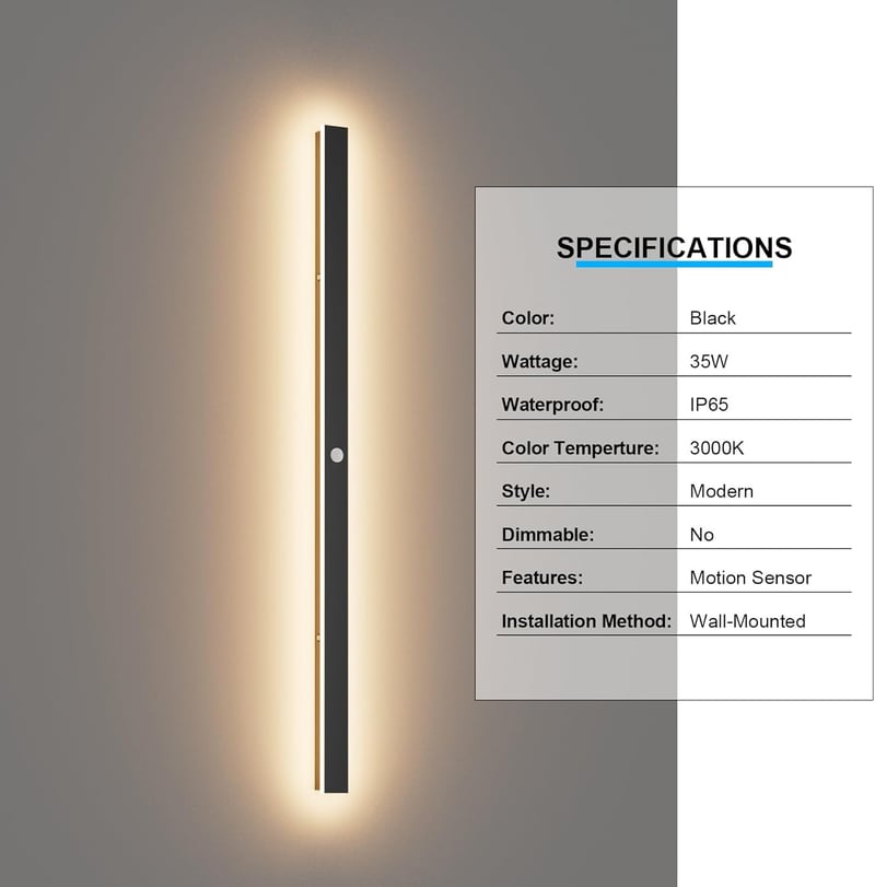 K-Bright 120 cm-es Kültéri LED Fali Lámpa Mozgásérzékelővel - IP65 Vízálló Fekete Modern Világítás Kerthez, Garázshoz, 3000K Meleg Fehér Fén