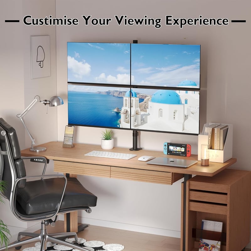 BONTEC 13-27" Monitor Asztali Tartó - 4 LED/LCD Monitoros Állvány, 180° Dönthető, 360° Forgatható, Állítható Magasság, 10kg Teherbírás Monitoronként