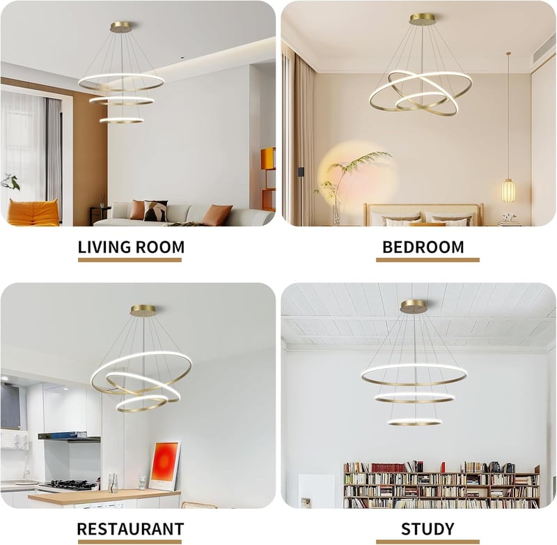 minifair LED Függőlámpa - Szabályozható Fényerejű 3 Gyűrűs Arany Csillár 20+40+60cm, 52W - Modern Akril Mennyezeti Lámpa Étkezőbe, Nappaliba