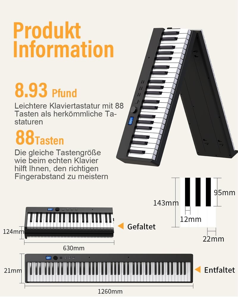 OYAYO 88 Billentyűs Összecsukható Digitális Zongora - Félsúlyozott Billentyűk, Bluetooth, MIDI, 128 Ritmus és Hangszín, Kezdőknek