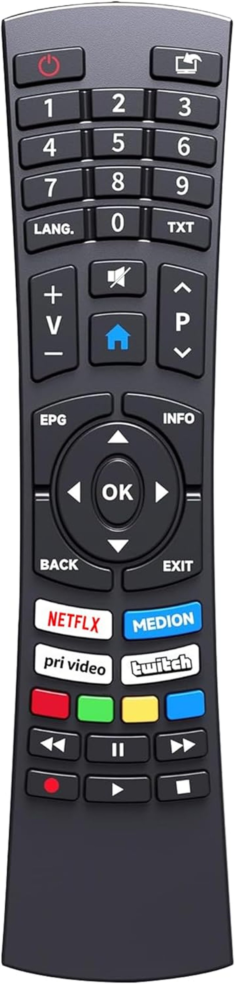 FOXRMT RC1822 Univerzális Távirányító Medion Ultra HD Smart TV-hez - Netflix és Prime Videó Gombokkal, 10m Hatótávolság, Előre Konfigurált, 