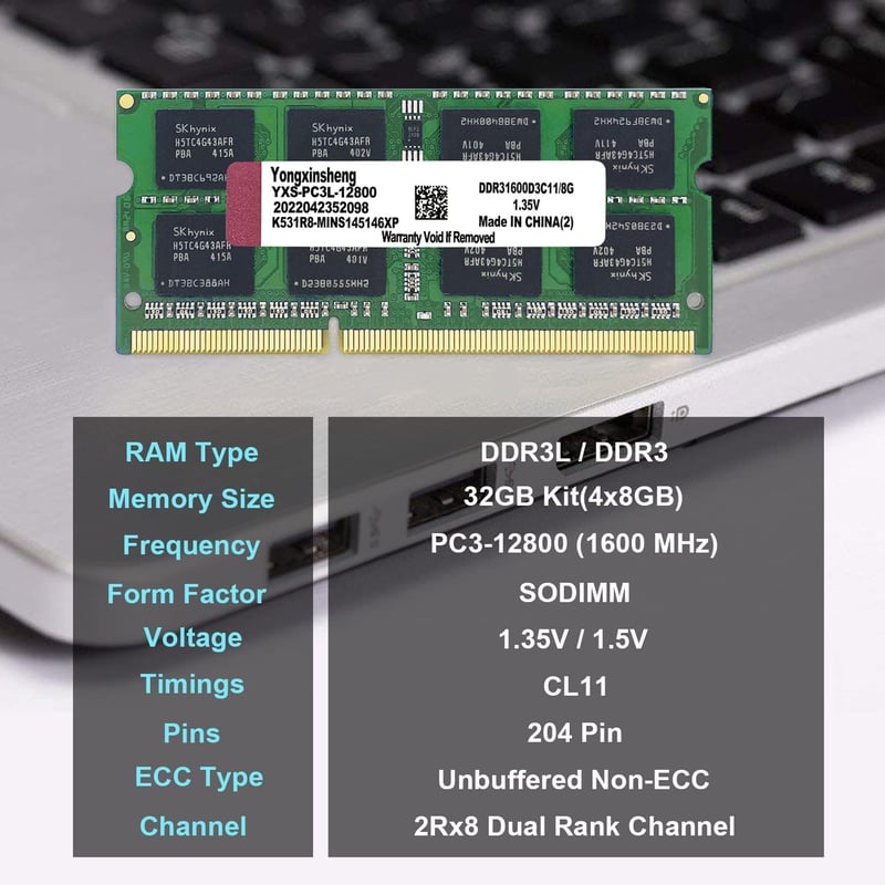 Crucial 32GB DDR3L Laptop RAM Kit (4x8GB) 1600MHz SODIMM Memória Bővítés