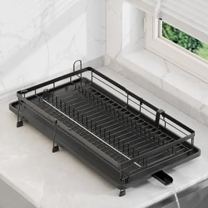 Rottogoon Uscător de vase extensibil pentru blatul de bucătărie, negru — lipsesc suportul pentru tacâmuri și suportul pentru pahare (stare: vezi a 2-a fotografie)