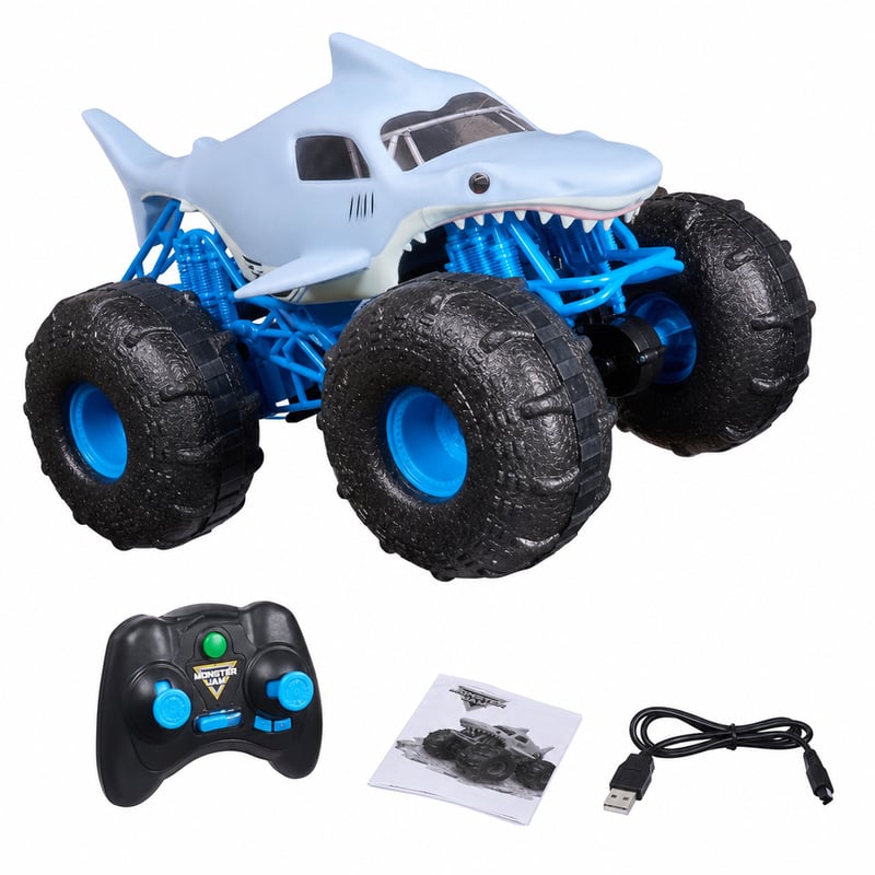 Mașină Monster Jam Megalodon Storm RC amfibie 1:15 — defectă, funcționează parțial: nu răspunde la telecomandă (stare: vezi a 2-a poză)