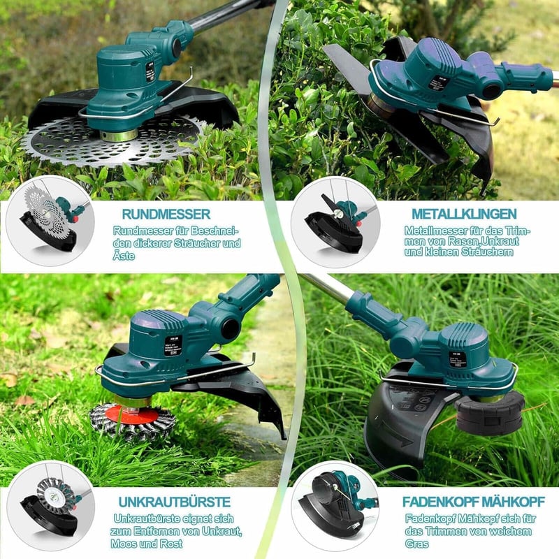 Hengriacly Akkumulátoros Fűkasza 21V - Makita Kompatibilis, 4 Vágófejjel, 2x4.0Ah Akkumulátorral, Teleszkópos Nyéllel, Kefe Funkcióval, 142c