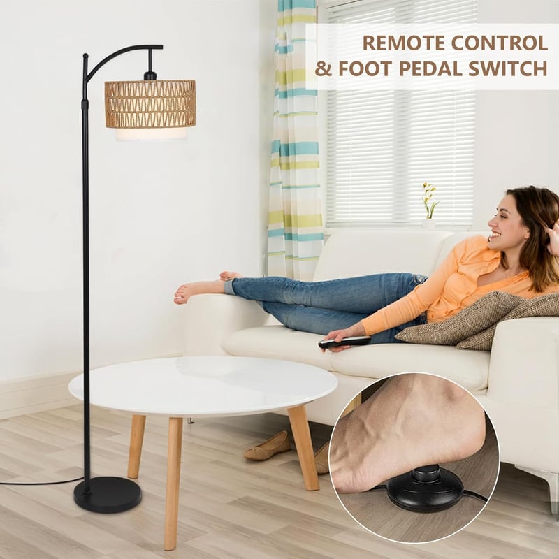 Rayofly Állólámpa Távirányítóval - Rattan Nappali Lámpa Tompítható Fénnyel, Alkalmazásvezérléssel, Bohém Stílusú Lenvászon és Rattan Lámpaer