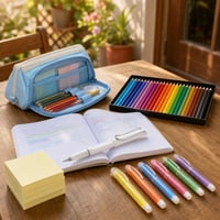 Set Rechizite Școlare: 1 stilou alb M + penar + 24 creioane colorate + 540 post-it-uri + 6 markere 1