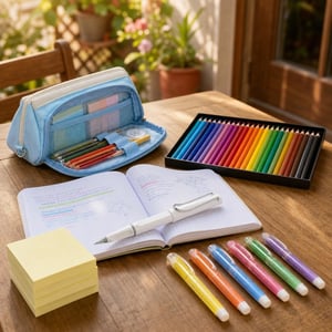Set Rechizite Școlare: 1 stilou alb M + penar + 24 creioane colorate + 540 post-it-uri + 6 markere