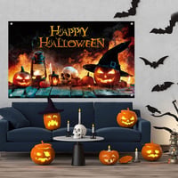 AEESRRU Halloween Dekorációs Molinó - Tök és Szellem Mintás Ajtódísz, Narancssárga-Fekete Háttér, Beltéri-Kültéri Horrordekoráció (180 x 110 6