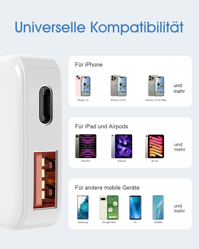 ZINOOY 35W Dupla Portos Gyorstöltő, PD/QC 3.0 USB-C és USB-A, iPhone 16/15 Samsung iPad Huawei Kompatibilis, Ultra Lapos Töltő Utazáshoz, Ot