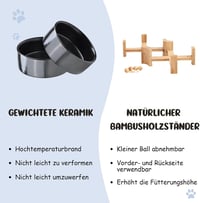 SPUNKYJUNKY 15° Dőlésszögű Kerámia Etetőtál Fa Állvánnyal - 2x400ml Fekete Kutyatál Lapos Arcú Kisállatoknak, Csúszásmentes 7
